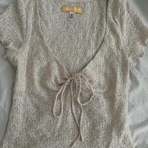 Urban Outfitters Cream Lace Blouse with Tie Front